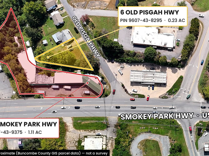 Top-down aerial of 1482 Smokey Park Hwy with approximate parcel lines and road labels